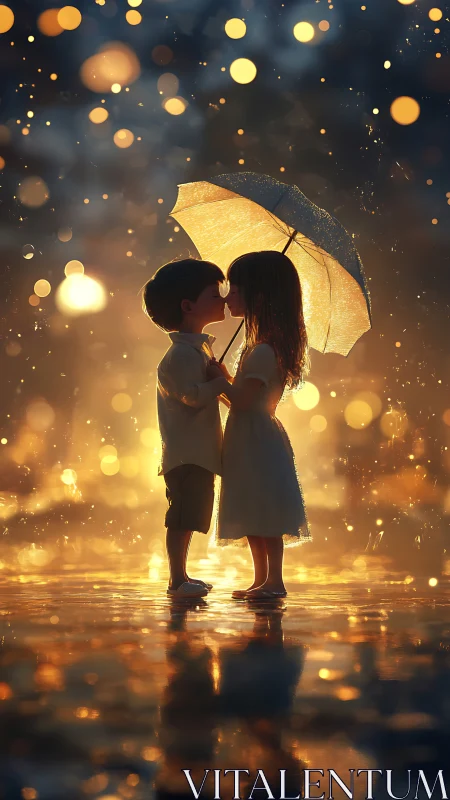 Two Children Sheltering Under Glowing Yellow Umbrella at Night