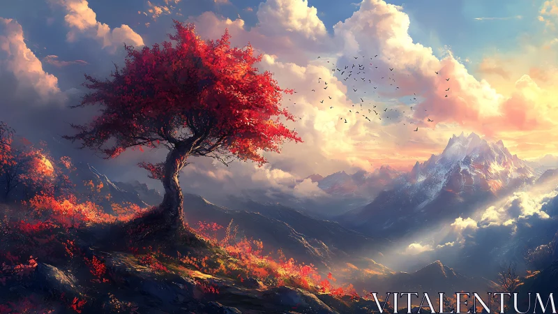 Lone crimson tree glows above misty mountains at sunrise
