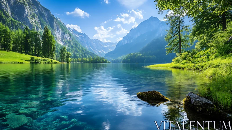 Mountain lake panorama with vivid greens and crystal reflections.