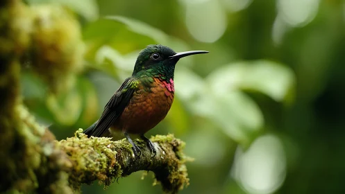 Vibrant hummingbird perched on mossy branch in lush nature photograph.