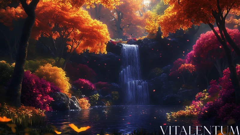High-saturation autumn forest waterfall with volumetric backlighting