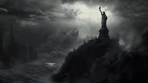 Statue of Liberty amid stormy apocalyptic seascape.