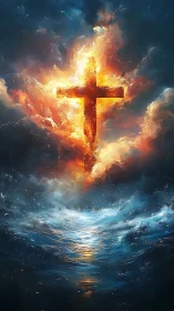 Digital painting of fiery cross above storm-tossed oceanscape.