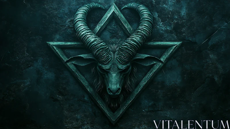 Ram skull emblem with geometric frame on dark textured wall.