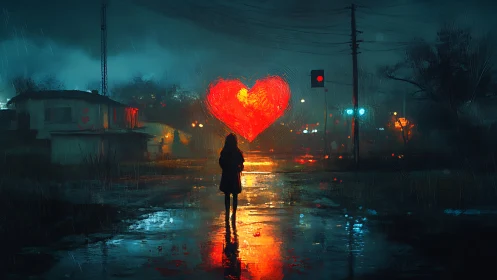 Solitary Heart: Rain-Soaked Urban Vigil.