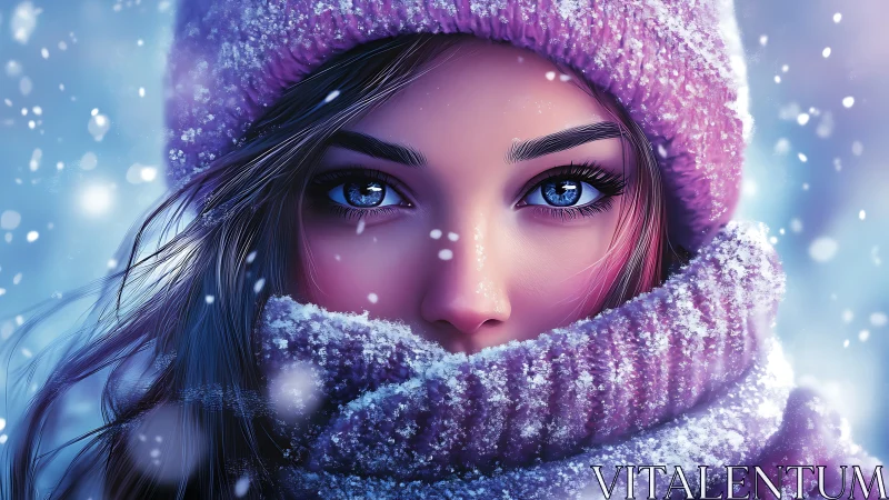 Girl in snow wearing pink knit hat and scarf stares ahead