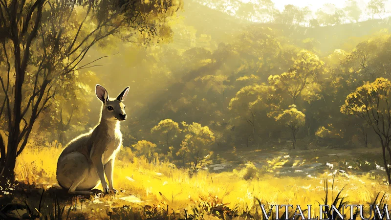 Sunlit kangaroo resting in golden eucalyptus valley panorama.