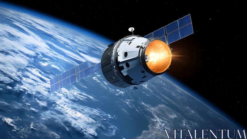 Orbital satellite with glowing thruster above Earth horizon.