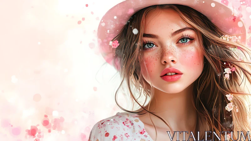 Gentle spring portrait of a freckled girl in soft pink hues.