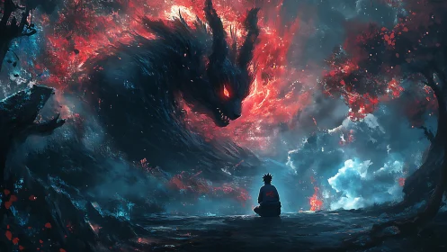 Volumetric chakra beast confronting meditating shinobi avatar.