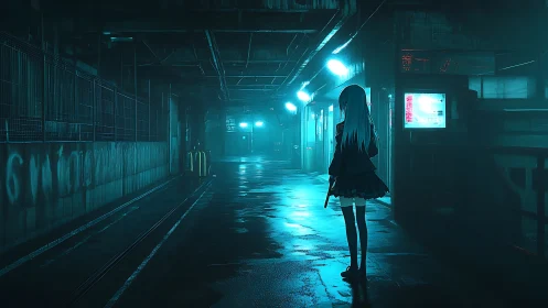 Girl with knife in neon lit alleyway at night scene.