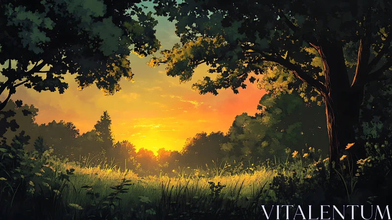 Sunlit forest clearing framed by foliage at golden hour.