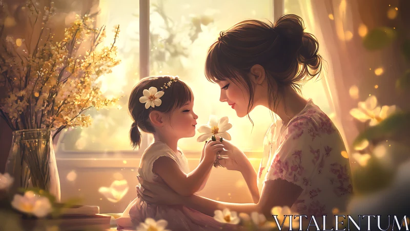 Mother and daughter share a tender flower moment in sunlight.