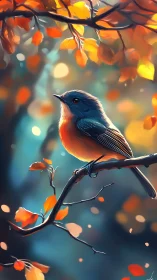 Autumnal songbird on branch in high-saturation digital rendering.