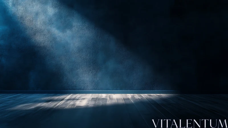 Solitary blue spotlight spilling quietly across empty floor.