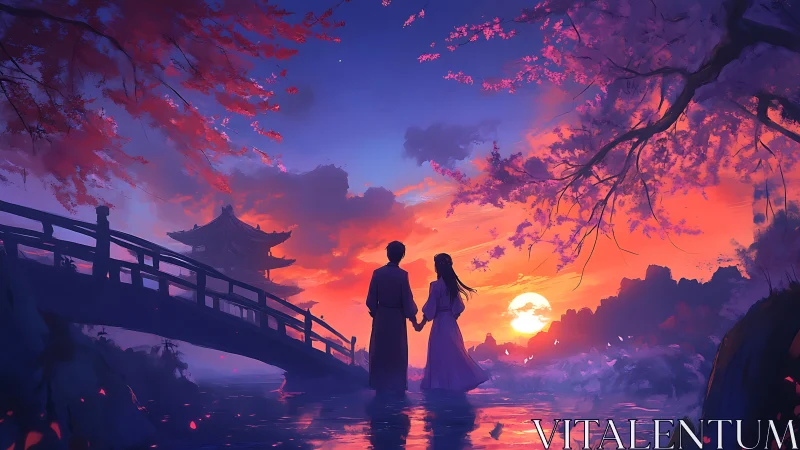 Romantic silhouettes on bridge at sunset in cherry blossom grove
