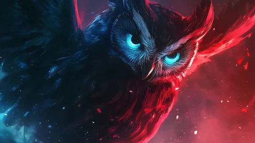 Bioluminescent night owl cleaves twilight in neon fire.