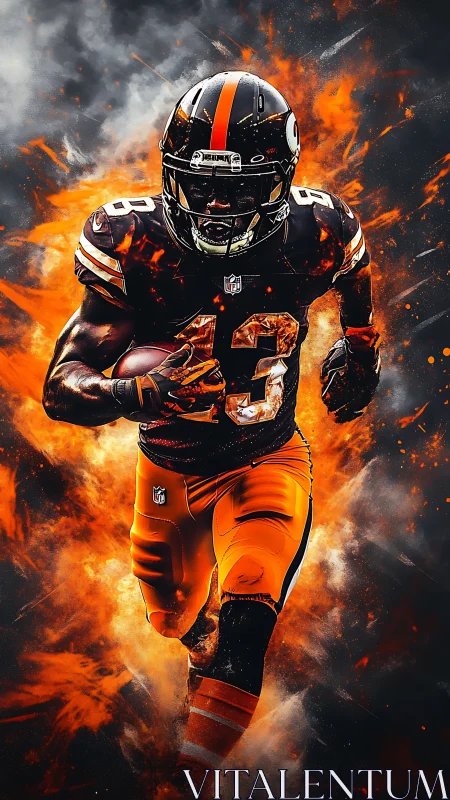 Explosive gridiron runner engulfed in blazing orange firestorm.