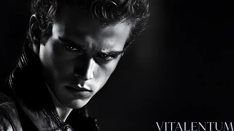 Moody black and white portrait with intense, thoughtful gaze.