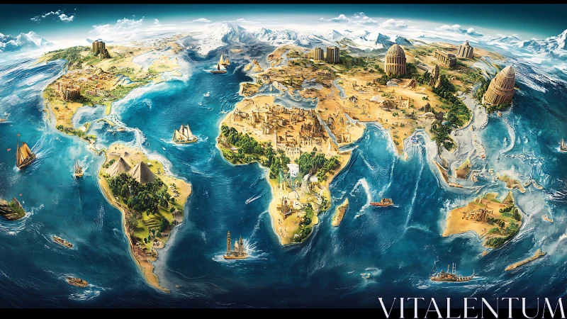 Whimsical illustrated world map alive with ancient landmarks.