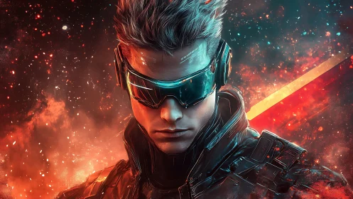 Cybernetic warrior stands amid burning nebula storm field.