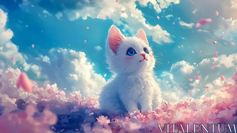 White Feline Subject with Luminous Eyes Against Cumulus Cloud Formation