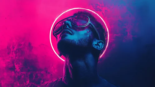 Man wearing neon glasses looks upward in pink blue light