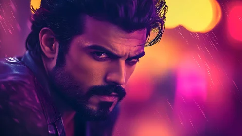 Male portrait in neon-lit rain with shallow depth of field.