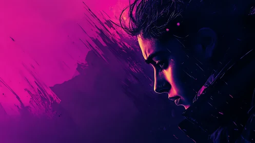 Neon-lit side profile of person against abstract magenta field.