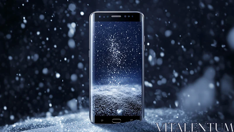 Smartphone standing upright in stylized digital snowfall scene.