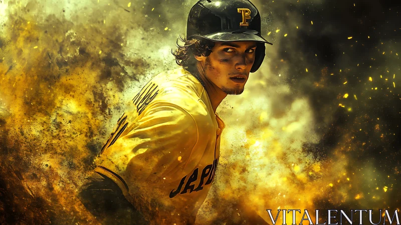 Baseball player emerges from golden dust in intense motion