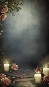 Rose Floral Arrangement with Lit Candles on Dark Surface