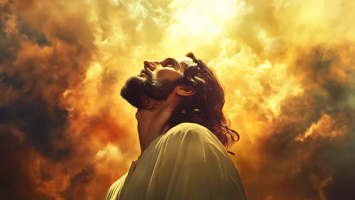 Radiant robed figure gazes upward through blazing clouds.