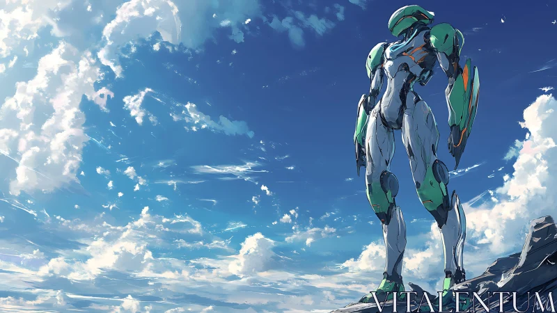 Mecha robot standing on rocky ledge under open sky.