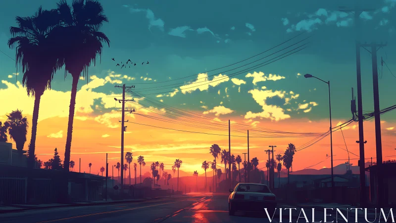 Digital painting sunset boulevard with silhouetted palms and car.