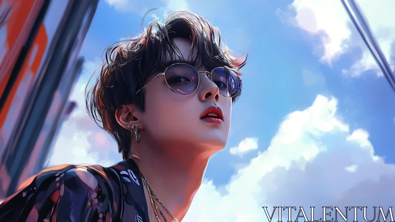 Stylized youth in sunglasses looks up toward bright sky