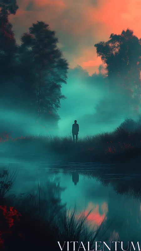 Solitary silhouette in neon dusk fog by mirror-still river.