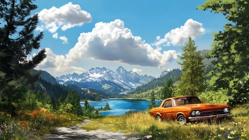 Orange vintage car by alpine lake under cumulus clouds.