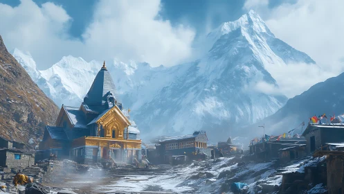 Golden mountain temple nestles quietly beneath snowy peaks