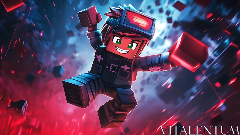 Block-style character in dynamic red and blue digital scene.