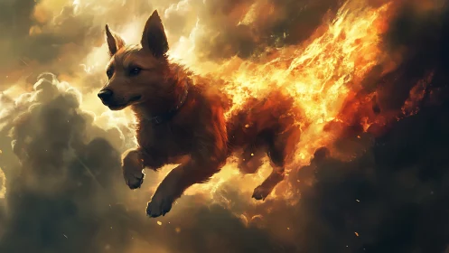 Skybound emberhound sprints through stormlit clouds aflame