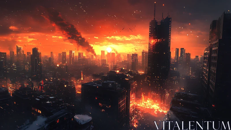 Burning futuristic city skyline collapses under fiery sunset
