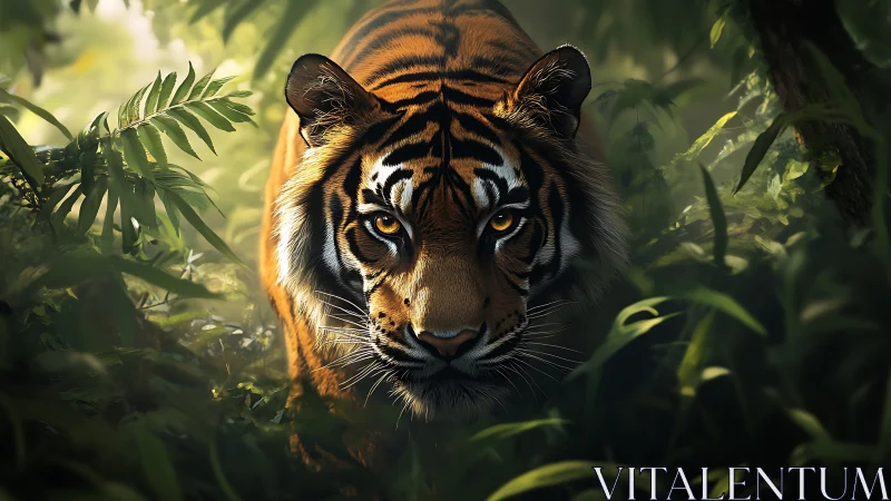 Tiger moves forward through dense jungle foliage in daylight