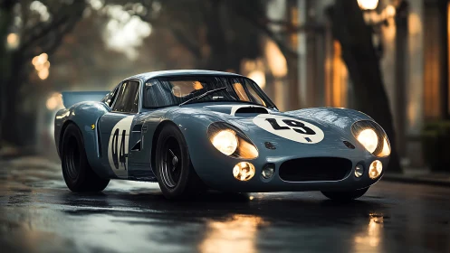 Vintage blue race car glows on wet city street at dusk.