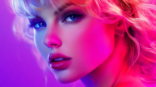 Neon-lit portrait captures glossy lips and intense gaze.