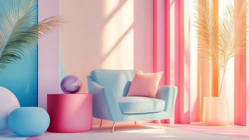 Pastel lounge interior with armchair, plants and soft light.