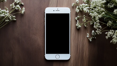 White smartphone on wooden surface surrounded by small white flowers.