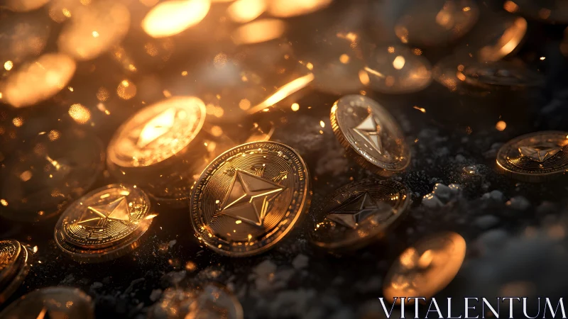 Glowing Ethereum Coins in Dramatic Light, Digital Art Style. Glowing Ethereum Coins in Dramatic Light, Digital Art Style.