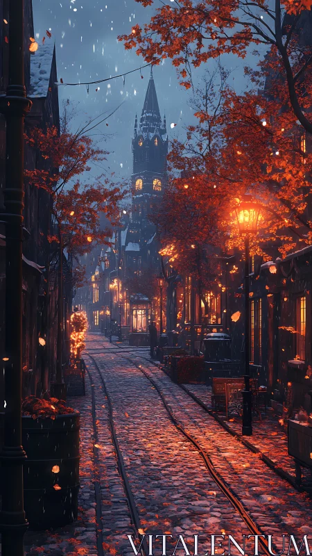 Cobblestone street with autumn trees and glowing lamplights.