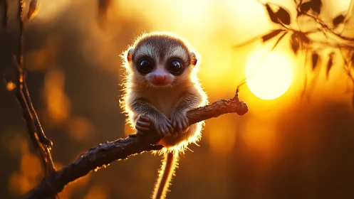 Baby primate on branch against glowing sunset bokeh.